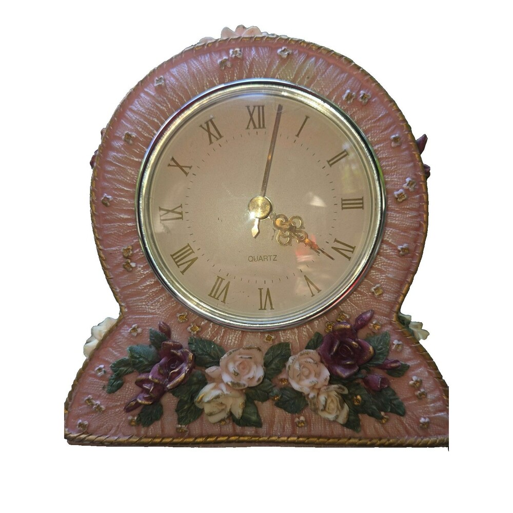 Vintage Shabby Chic Pink Floral Mantel Clock,Hand-Painted Resin Tabletop Quartz